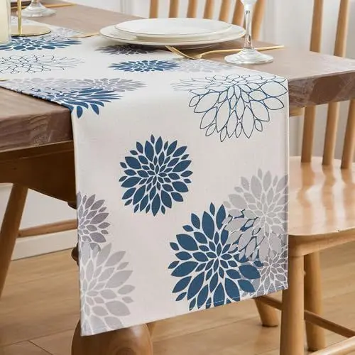 Produktbild: Tischläufer Grau und Blau - Modern, Abwaschbar, Polyester - Lange Dahlie Tischdecke für Küche, Esstisch - Boho Bauernhaus Rustikale Tischwäsche Dekoration - 40 x 140 cm