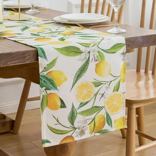 Produktbild: Tischläufer Modern Tischläufer Sommer Tischläufer Gelb Zitrone Pflanzen Tischdeko Tischläufer Polyester Bauernhaus Tischplatte für drinnen und draußen Urlaub Party Wohnzimmer Dekor 40 x 140 cm