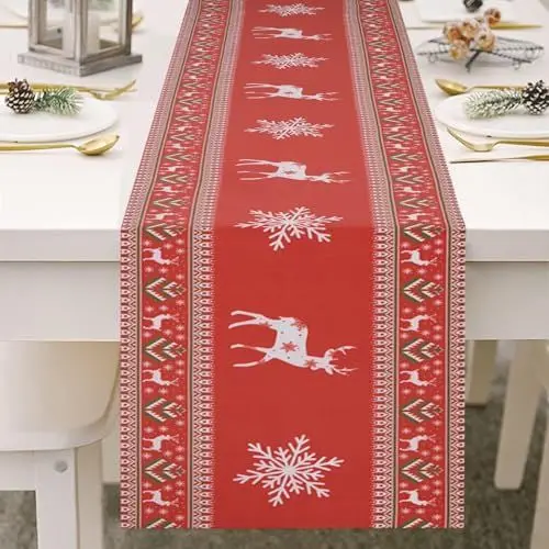 Produktbild: Tischläufer Weihnachten, Rot Leine Weihnachtstischläufer mit Schneeflocke Rentier Mode Lang Rechteckige Weihnachtstischdecke, Winter Weihnachts Tischdecke für Urlaub Tisch Party Dekoration (230*33cm)