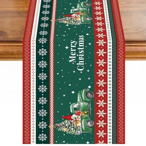 Produktbild: Tischläufer Weihnachten, Weihnachts Tischläufer Küche Tischdeko, Rot Grün Lastkraftwagen Schneeflocken Weihnachtstischläufer Tischdecke Weinachtsdekorationen, Saisonnal Winter Küche Tisch Dekoration