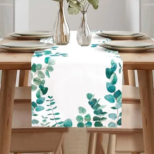 Produktbild: Tischläufer Winterlich, Tischläufer Weihnachten modern in Grau, Tischläufer Weihnachten, Schneeflocke Tischläufer, Graue Weihnachten Tischdecke für Winter Weihnachten (Eukalyptusblätter, 40 x 140 cm)