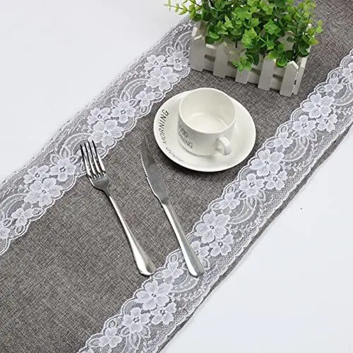 Produktbild: Tischläufer mit Spitze, natürliche Jute, Sackleinen, Tischläufer mit Spitze, rustikal, für Tische, Hochzeit, Party, Festival, Esstisch, 30 x 180 cm, Grau