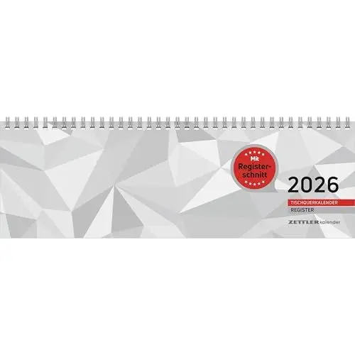 Produktbild: Tischquerkalender Register 2026-32x10,5 cm - 1 Woche auf 2 Seiten - Bürokalender mit Registerstanzung - Stundeneinteilung von 6-21 Uhr - 166-0002