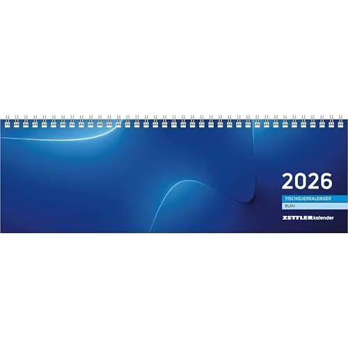 Produktbild: Tischquerkalender blau 2026-32x10,5 cm - 1 Woche auf 2 Seiten - Bürokalender mit Monatsübersichten - Stundeneinteilung 7-20 Uhr - 176-0015