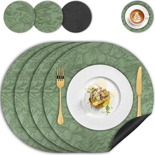 Produktbild: Tischsets Abwaschbar Leder und Untersetzer, Blumen Platzset Rund 34cm 4er Set Doppelseitigen Rutschfest Platzdeckchen, Kunstleder Tischset Platzsets Abwischbar für Hause Küche Restaurant(Grün Schwarz)