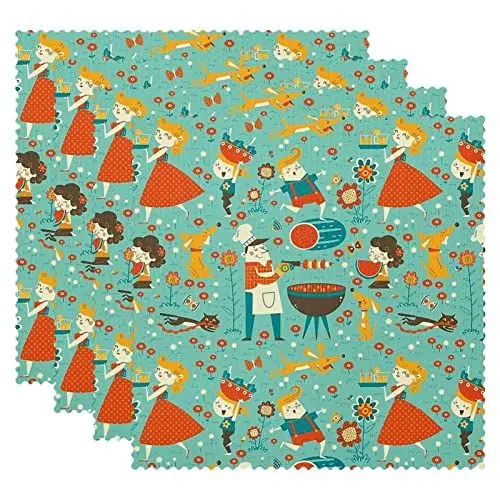 Produktbild: Tischsets, langlebige Tischsets für den Esstisch, waschbare Küchen-Tischsets, 4er-Set,Sommer Familien Camping Karikatur schön