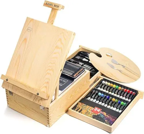 Produktbild: Tischstaffelei, Staffelei Holz MIAOKE Verstellbare Kofferstaffelei mit 55 Teiliges Luxus Malkoffer Enthalten 24 Acrylfarben Set 12 Buntstifte 10 Pinsel Set und Andere Malwerkzeuge
