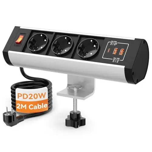 Produktbild: Tischsteckdose 3 Fach USB C PD 20W, 3 Fach Mehrfachsteckdose Klemmbar mit Schalter, Steckdosenleiste mit USB für Schreibtisch, 2M Kabel, 2500W/10A