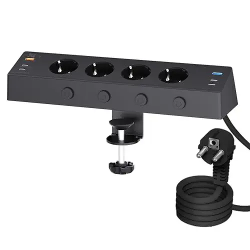 Produktbild: Tischsteckdose mit USB C 20W, Kinglink Steckdosenleiste Schreibtisch einzeln Schaltbar, 4Fach Mehrfachsteckdose mit Schalter, Überspannungsschutz mit 2M Kabel für Zuhause Büro, Schwarz