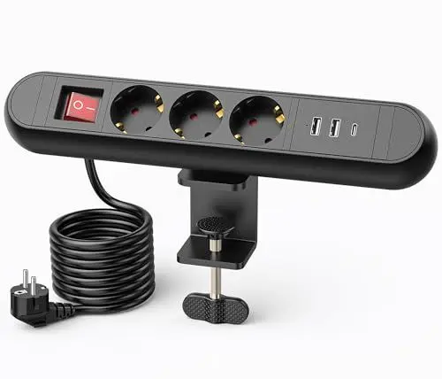 Produktbild: Tischsteckdose mit USB C PD 20W, Steckdosenleiste 3 Fach für Schreibtisch Tischsteckdose 3fach mit Schalter Schwarz, 2 Meter Kabel