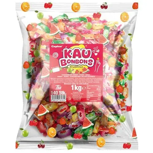Produktbild: Tise Süsswaren Soft Kaubonbons Fruchtmix (1Kg) Wassermelone Kirsche Apfel Orange Himbeere Erdbeere Zitrone