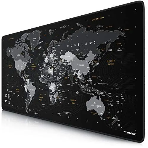 Produktbild: TITANWOLF - DEUTSCHES LAYOUT - Titanwolf XXL Gaming Mauspad 900x400x3 mm - Schreibtischunterlage Gross - XXL Mousepad Gaming und Office - Weltkarte schwarz