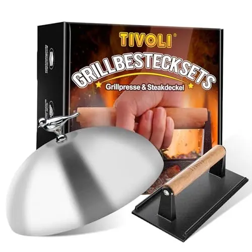 Produktbild: TIVOLI Burgerglocke Burgerpresse Set,23cm Edelstahl Burger Glocke 20,5cm Fleischbeschwerer aus Antihaft-Gusseisen,Zweiteiliges Burger Smasher Set für Outdoor Grillen,Flat Top Teppanyaki.