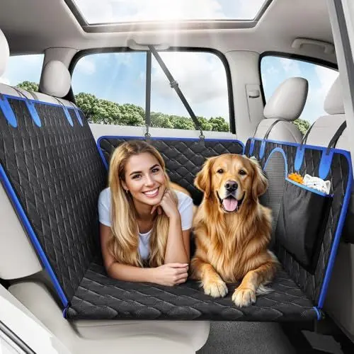 Produktbild: Tivray Hundedecke Auto Mit Stabiler Hartfaserplatte und 2 Stück Hundegurt, Wasserdicht Für Hunde Bis 150 kg, Autositz Rückbank Für Meisten Auto LKW