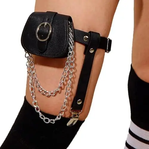 Produktbild: TJCGCKK 1 Stück Leder Strumpfband mit Anti-Rutsch-Clips Damen verstellbar Punk Gothic Metallkette Beinring Cosplay Party Strumpfband (Schwarz)