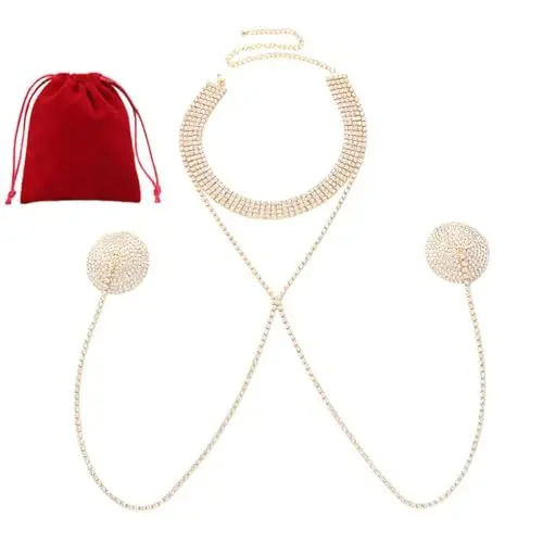 Produktbild: TJCGCKK Crystal Nipple Pads mit Choker für Frauen Strass Nippel Aufkleber Rave Unsichtbare BH Brust Kette (Gold)