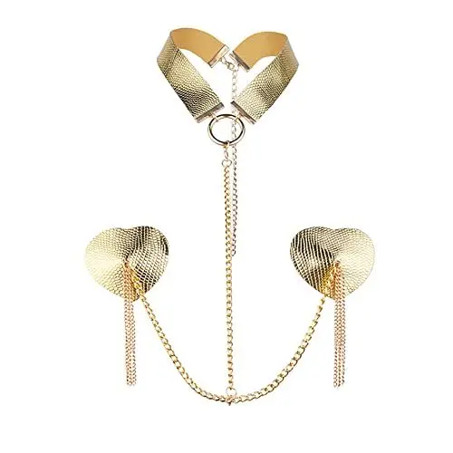 Produktbild: TJCGCKK Wiederverwendbare Metallkette Nippel Aufkleber mit Choker Kunstleder Metall Quaste Nippel Abdeckung Rave BH Sex Körper Kette (Gold)