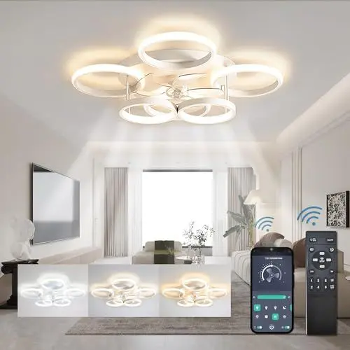 Produktbild: TJSC Deckenleuchte mit Ventilator, Leise, LED Deckenventilator mit Beleuchtung, App und Fernbedienung, 65W, Dimmbar, Timer, 6-Gang, Deckenlampe Mit Ventilator für Wohn-, Schlaf- und Esszimmer, Weiß