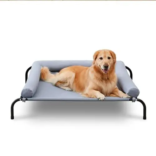 Produktbild: TJSOULER Outdoor-Hundebett mit abnehmbarem Bloster, kühlendes erhöhtes Hundebett für große Hunde, atmungsaktives, waschbares Netzgewebe, Hundebett für Haus und Garten XL grau