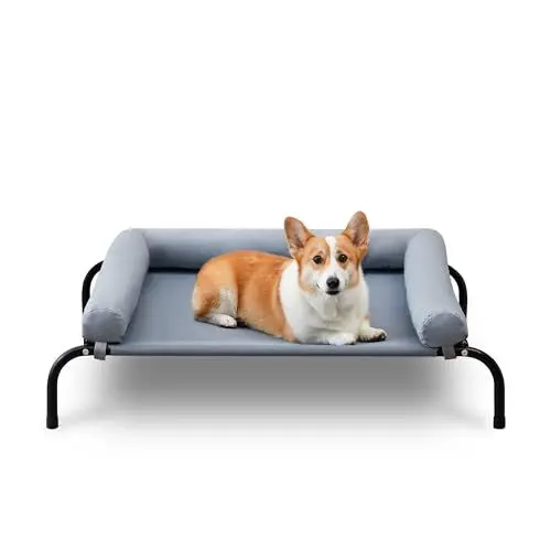 Produktbild: TJSOULER Outdoor-Hundebett mit abnehmbarem Bloster, kühlendes erhöhtes Hundebett für kleine bis mittelgroße Hunde, atmungsaktives, waschbares Netzgewebe, Hundebett für Haus und Garten M Grau