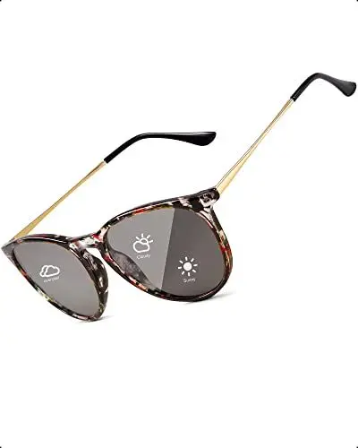 Produktbild: TJUTR Photochromatisch Sonnenbrille für Herren Damen, Polarisiert Klassische Retro Runde Brille Autofahren- UV400 Schutz (Schwarz Blumig/Grau Photochromatisch)