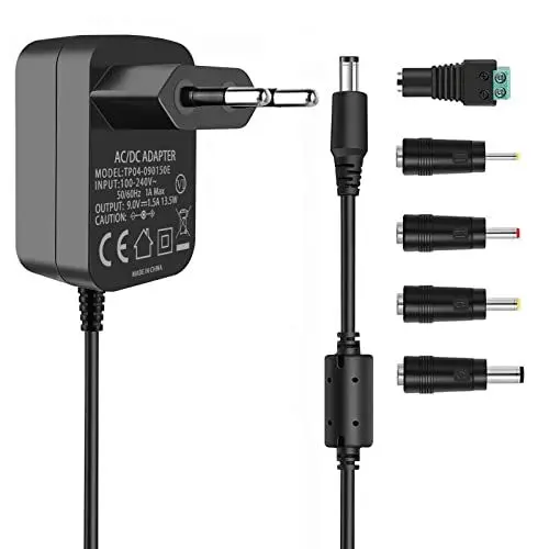 Produktbild: TKDY 9V 1,5A Netzteil Adapter Zentrum positiv 5,5 * 2,1mm, AC 100V-240V zu DC 9V 1,5A Ladegerät mit 5 PCS DC-Anschlüssen für DVD-Player, Lautsprecher, Arduino UNO R3, Schwinn Bike A10 und mehr