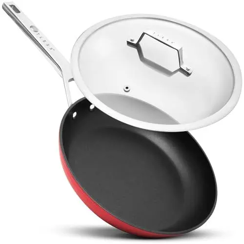 Produktbild: TLESS® Pfanne mit Deckel backofengeeignet Ø 28 cm | Bratpfanne & Universalpfanne für Induktion | sehr widerstandsfähig & spülmaschinenfest | beschichtete Pfanne in Rot | Jetzt Testen
