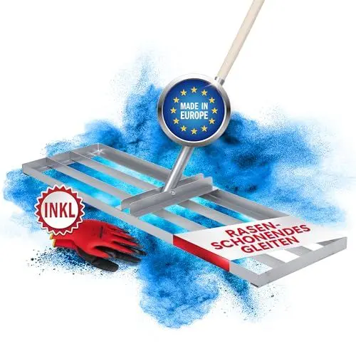 Produktbild: TM DEALZ® (100x30cm) XXL Rasenrakel (RASENSCHONEND) - inkl. Gartenhandschuhe - hochwertig legierter Rasenrechen - Rasen Rakel für die perfekte Rasenpflege (Silber)