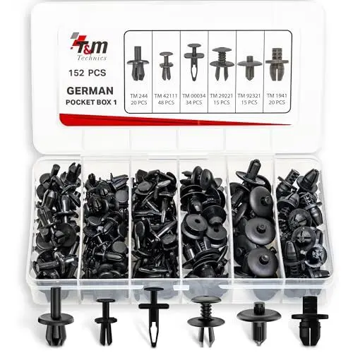 Produktbild: T&M TECHNICS® Box 152 Universalbefestigungen, Klammern, Clips und Kunststoffnieten für Deutsche Autos, Motorroller und Motorräder–Türverkleidung Stoßstange Kühlergrill Motorhaube-German Pocket Box 1