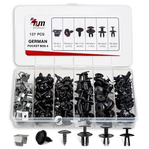 Produktbild: T&M TECHNICS® Box mit 137 Universalbefestigungen, Klammern, Clips und Kunststoffnieten für Deutsche Autos – Set für Türverkleidung Stoßstange Kühlergrill Motorhaube DIY Reparatur - German PB4