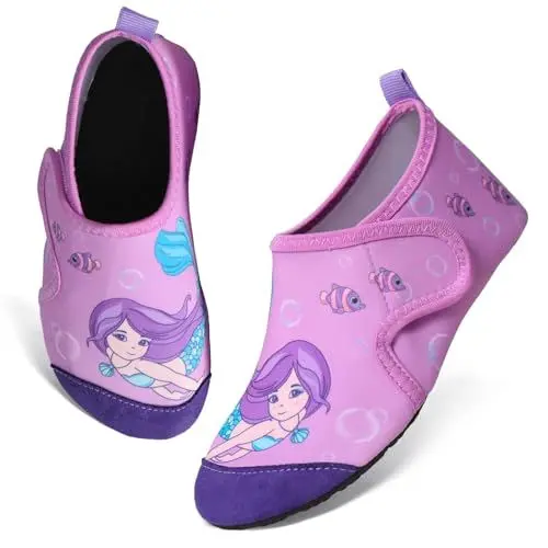 Produktbild: TMEOG Badeschuhe Kinder Wasserschuhe Kleinkind Schwimmschuhe Strandschuhe rutschfeste Aquaschuhe mit Klettverschluss Wattschuhe Meerschuhe Barfussschuhe für Jungen Mädchen(28/29 EU,MER_Violett)