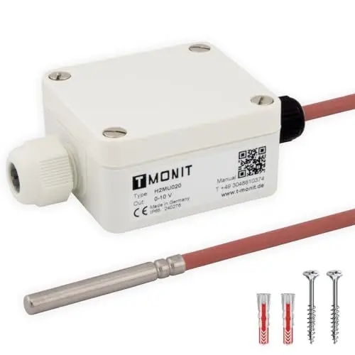 Produktbild: Tmonit - PT1000 Temperaturfühler, 0-10V oder 4-20 mA Messumformer, -50 bis 200 °C, IP65 strahlwassergeschützt, Strom- oder Spannungsausgang, Silikon-Leitung - für HLK & Industrie