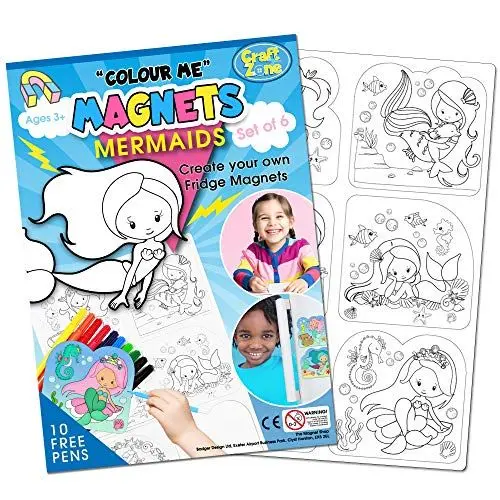 Produktbild: TMS Colour Me Magnete, Spielzeugmagnete für Kinder und Kleinkinder zum Ausmalen - weiche und CE-geprüfte Materialien - Jede Packung enthält 6 Motive und 10 kostenlose Filzstifte! (Meerjungfrau)