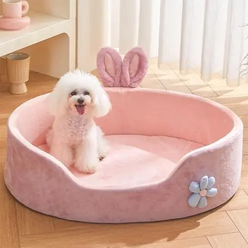 Produktbild: Rosafarbenes Kleines Hundebett, Waschbares Haustierbett für Welpen und Kätzchen mit Rutschfester Unterseite, Rundes Hunde- und Katzenbett mit Hasenohren, Beruhigende Haustierliege für Kleine und(M)