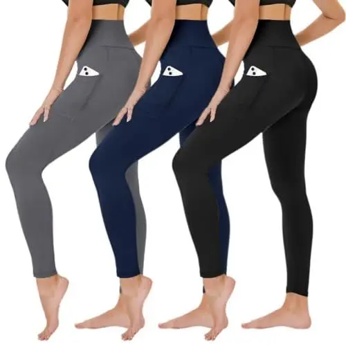 Produktbild: TNNZEET 3er Pack Leggings Damen High Waist Schwarz Leggins Blickdicht für Sport Gym(Schwarz/Dunkelgrau/Marineblau-mit Taschen,XXL)