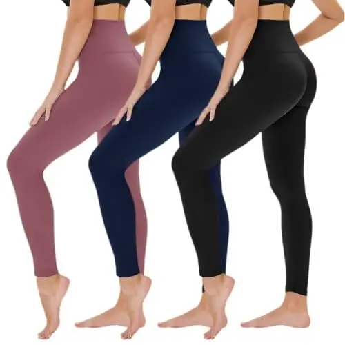 Produktbild: TNNZEET 3er Pack Leggings Damen High Waist Schwarz Leggins Blickdicht für Sport Gym(Schwarz/Marineblau/Rosa,S-M)