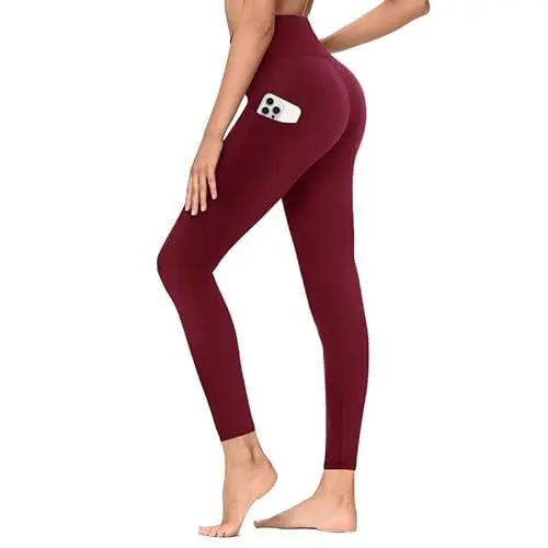 Produktbild: TNNZEET Leggings Damen High Waist mit Taschen Sporthose Blickdicht Sportleggins Lang Weiche Yogahose Elastische Hosen Sport Gym Laufhose(Weinrotu,3XL)