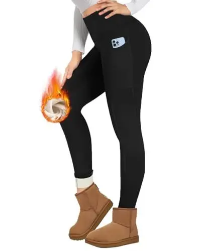Produktbild: TNNZEET Thermo Leggings Damen mit Taschen Gefüttert Thermoleggings High Waist Thermohose Fleece Warm Blickdicht Leggins im Winter (Schwarz,L)