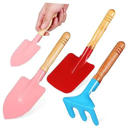 Produktbild: TOBBOMEY Gartengeräte-Set Mit Schaufel Kelle Und Rechen Holzgriff Mini-gartenwerkzeug-kit Aus Für Pflanzen Und Graben Von Erde