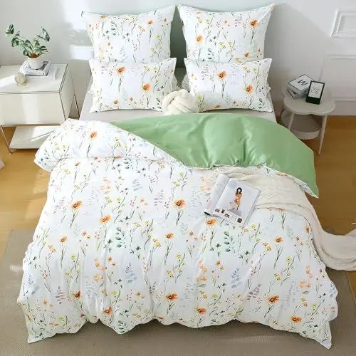 Produktbild: TOCOMOA Bettwäsche 135x200 4teilig Bunt, Weiß Blumen und Blatt Bettwäsche-Set mit Reißverschluss, Oeko-TEX Zertifiziert, 2 Bettbezug 135 x 200 cm und 2 Kissenbezug 80x80 cm