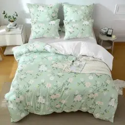 Produktbild: TOCOMOA Bettwäsche 135x200 4teilig Hellgrün, Weiß Blumen und Blatt Bettwäsche-Set mit Reißverschluss, Oeko-TEX Zertifiziert, 2 Bettbezug 135 x 200 cm und 2 Kissenbezug 80x80 cm