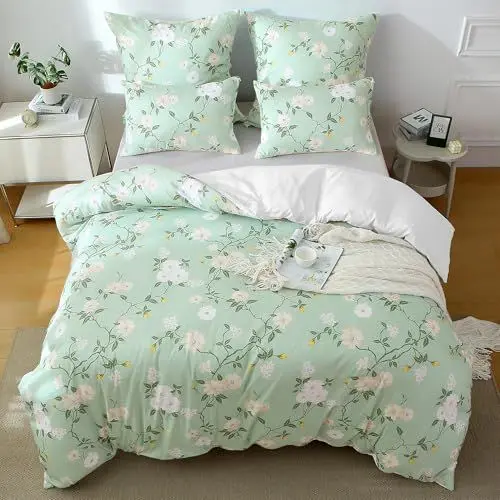 Produktbild: TOCOMOA Bettwäsche 135x200 4teilig Hellgrün, Weiß Blumen und Blatt Bettwäsche-Set mit Reißverschluss, Oeko-TEX Zertifiziert, 2 Bettbezug 135 x 200 cm und 2 Kissenbezug 80x80 cm