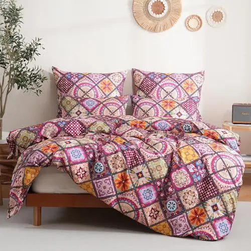 Produktbild: TOCOMOA Bettwäsche 135x200 Bunt, Bettwäsche-Set mit Reißverschluss Paisley Muster, Oeko-TEX Zertifiziert, 2 Bettbezug 135 x 200 cm und 2 Kissenbezug 80x80 cm Rot