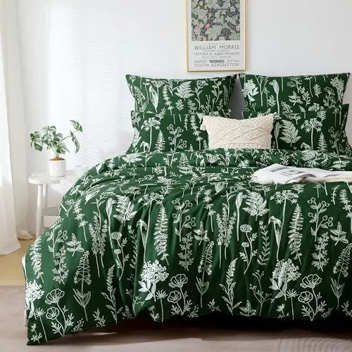 Produktbild: TOCOMOA Bettwäsche 135x200 Grün, Weiß Blumen und Blatt Bettwäsche-Set mit Reißverschluss, Oeko-TEX Zertifiziert, 1 Bettbezug 135 x 200 cm und 1 Kissenbezug 80x80 cm