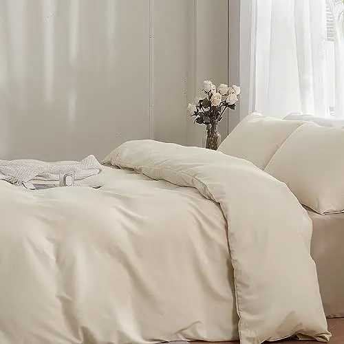 Produktbild: TOCOMOA Bettwäsche 200x200 3teilig Beige, Bettwäsche-Sets Weich und Bügelfrei Mikrofaser, Oeko-TEX Zertifiziert, 1 Bettbezug und 2 Kissenbezug 80x80 cm mit Reißverschluss