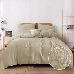 Produktbild: TOCOMOA Doppelte Musselin Bettwäsche 135x200 Baumwolle 4teilig, Beige Leinenartiger 2 Bettwäsche-Sets mit 2 Kissenbezug 80x80 cm, Oeko-TEX Zertifizierter Bettbezug mit Reißverschluss