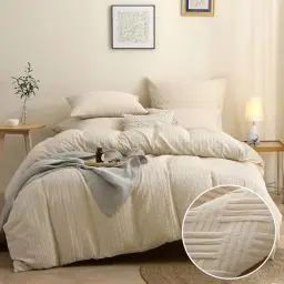 Produktbild: TOCOMOA Waffle Bettwäsche 155x220 Beige Bettwäsche-Sets 2teilig Weich und Bügelfrei ÖKO-TEX Zertifiziert Mikrofaser Bettbezug 155x220cm mit Reißverschluss Kissenbezug 80x80cm
