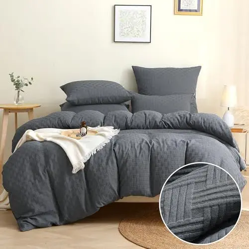Produktbild: TOCOMOA Waffle Bettwäsche 155x220 Dunkelgrau Bettwäsche-Sets 2teilig Weich und Bügelfrei ÖKO-TEX Zertifiziert Mikrofaser Bettbezug 155x220cm mit Reißverschluss Kissenbezug 80x80cm