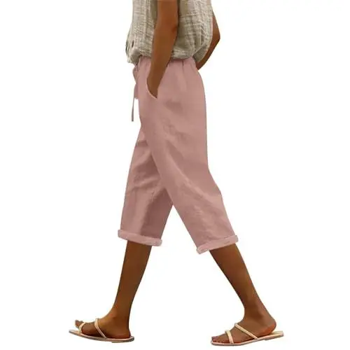 Produktbild: Today 2024 Sommerhose Damen Leicht Leinenhose Sommer Kurze Hosen Luftig Hohe Taille Einfarbig Strandhose Stoffhose Pants Damen-Hosen Leinenhose Damen Linen Pants Women Strandhose Damen