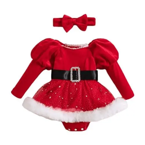 Produktbild: Toddler Girls Christmas Outfit Baby Romper Bubble Sleeves Long Sleeves Solid Colour Star Lace Hem Furry Patchwork Dress Xmas Outfit Newborn Photography Personalised Clothing A-145